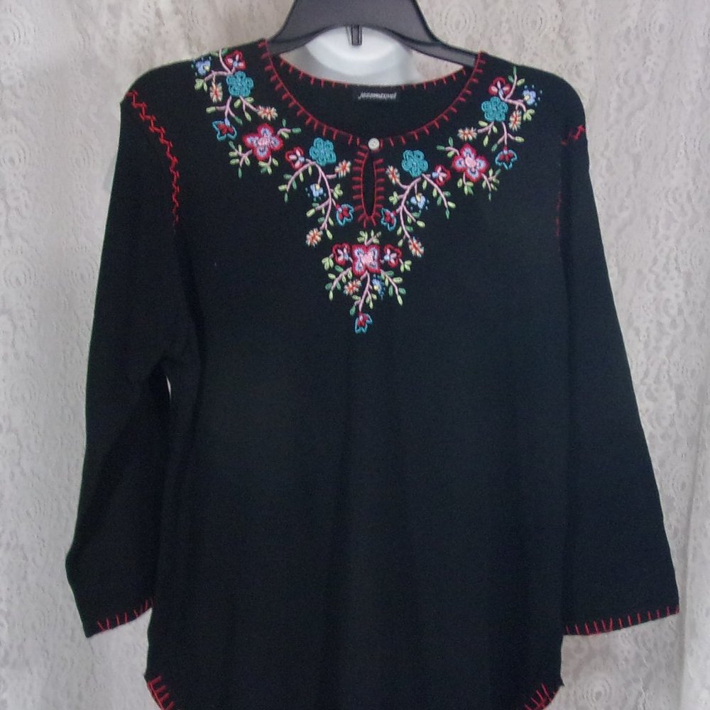 Floral Embroidered Black Top by Jason Maxwell Size Large